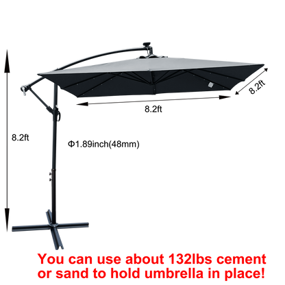 Square 2.5X2.5M Outdoor Patio Umbrella Solar Powered LED Lighted Sun Shade Market Waterproof 8 Ribs Umbrella with Crank and Cross Base for Garden Deck Backyard Pool Shade Outside Deck Swimming Pool