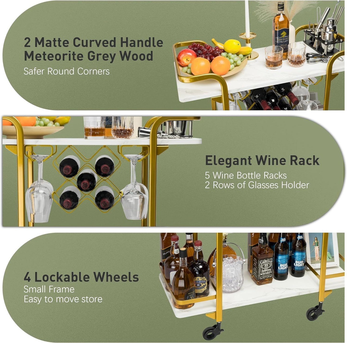 Deluxe Gold Bar Cart, with Glass Holders and Wine Racks, Modern Marbled Solid Wood Cart on Silent Wheels, 2-Tier Premium Texture Bar Cart for Kitchen and Dining Room Outdoor