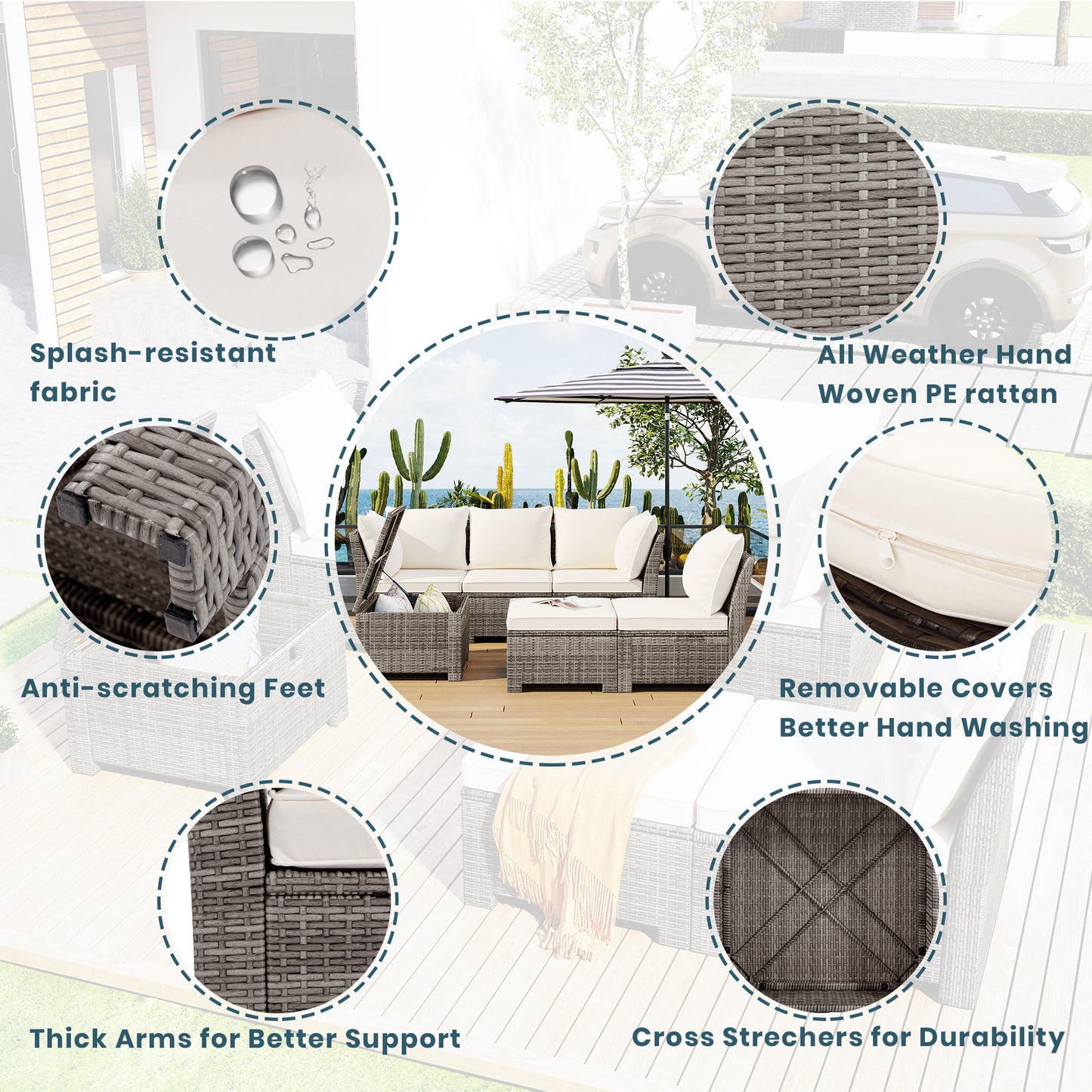 TOPMAX 6-Piece Outdoor Sofa Set, PE Wicker Rattan Sofa with 2 Corner Chairs, 2 Single Chairs, 1 Ottoman and 1 Storage Table, All-weather Conversational Furniture, Beige