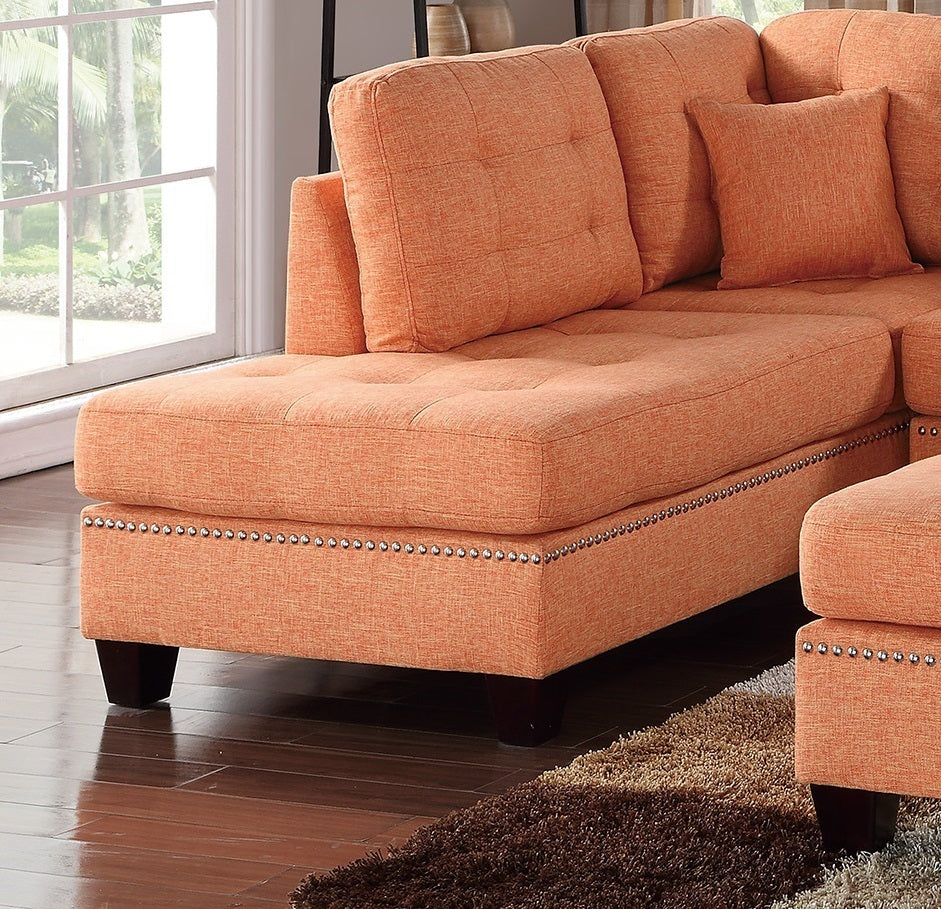 Modern Citrus Color 3pcs Sectional Living Room Furniture Reversible Chaise Sofa And Ottoman Tufted Polyfiber Linen Like Fabric Cushion Couch Pillows