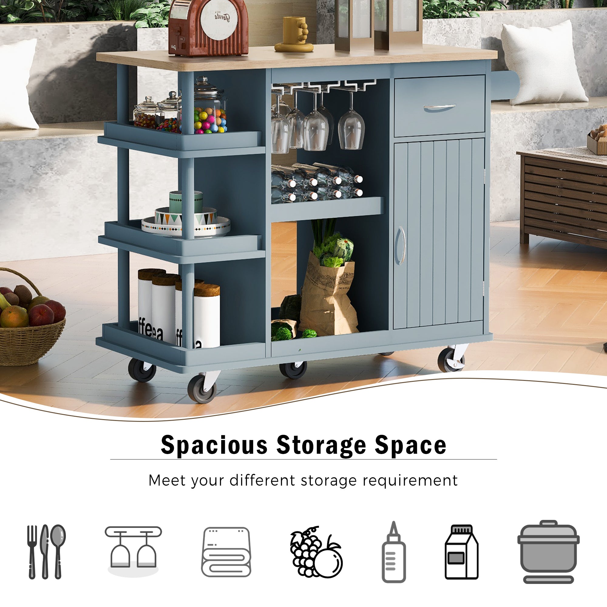 Multipurpose Kitchen Cart Cabinet with Side Storage Shelves,Rubber Wood Top, Adjustable Storage Shelves, 5 Wheels, Kitchen Storage Island with Wine Rack for Dining Room, Home,Bar,Grey Blue