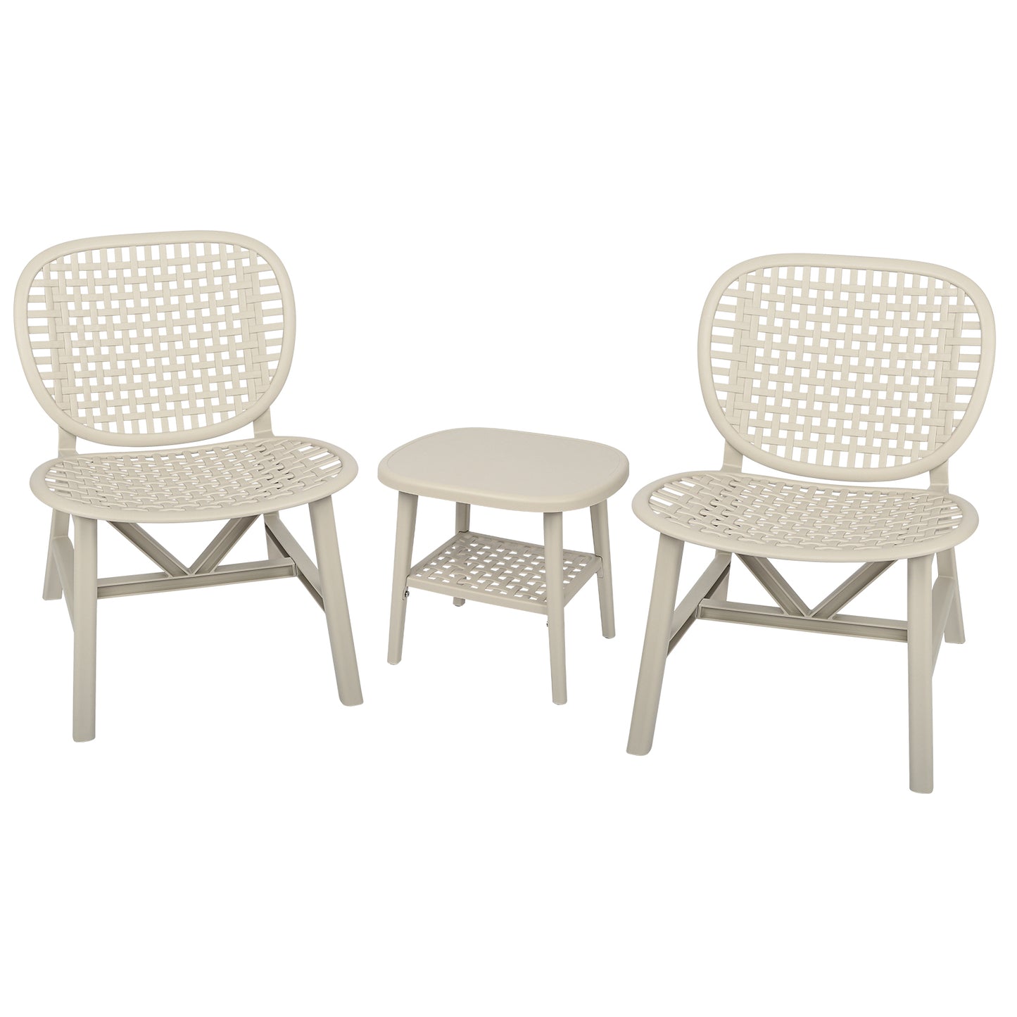 3 Pieces Hollow Design Retro Patio Table Chair Set All Weather Conversation Bistro Set Outdoor Table with Open Shelf and Lounge Chairs with Widened Seat for Balcony Garden Yard White