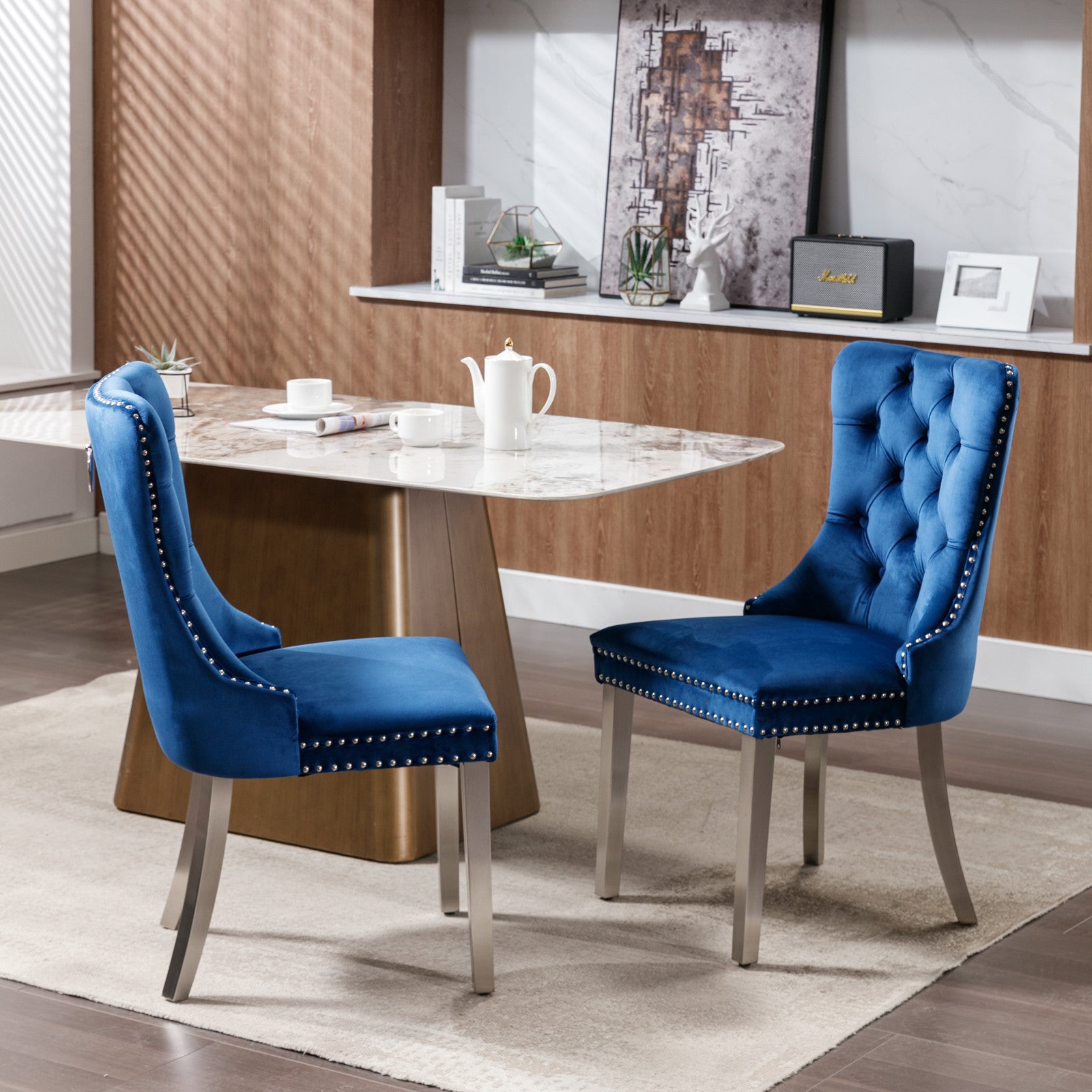 Nikki Collection Modern, High-end Tufted Solid Wood Contemporary Velvet Upholstered Dining Chair with Chrome Stainless Steel Plating Legs,Nailhead Trim,Set of 2,Blue and Chrome, SW1701BL