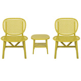 3 Pieces Hollow Design Patio Table Chair Set All Weather Conversation Bistro Set Outdoor Coffee Table with Open Shelf and Lounge Chairs with Widened Seat for Balcony Garden Yard Yellow