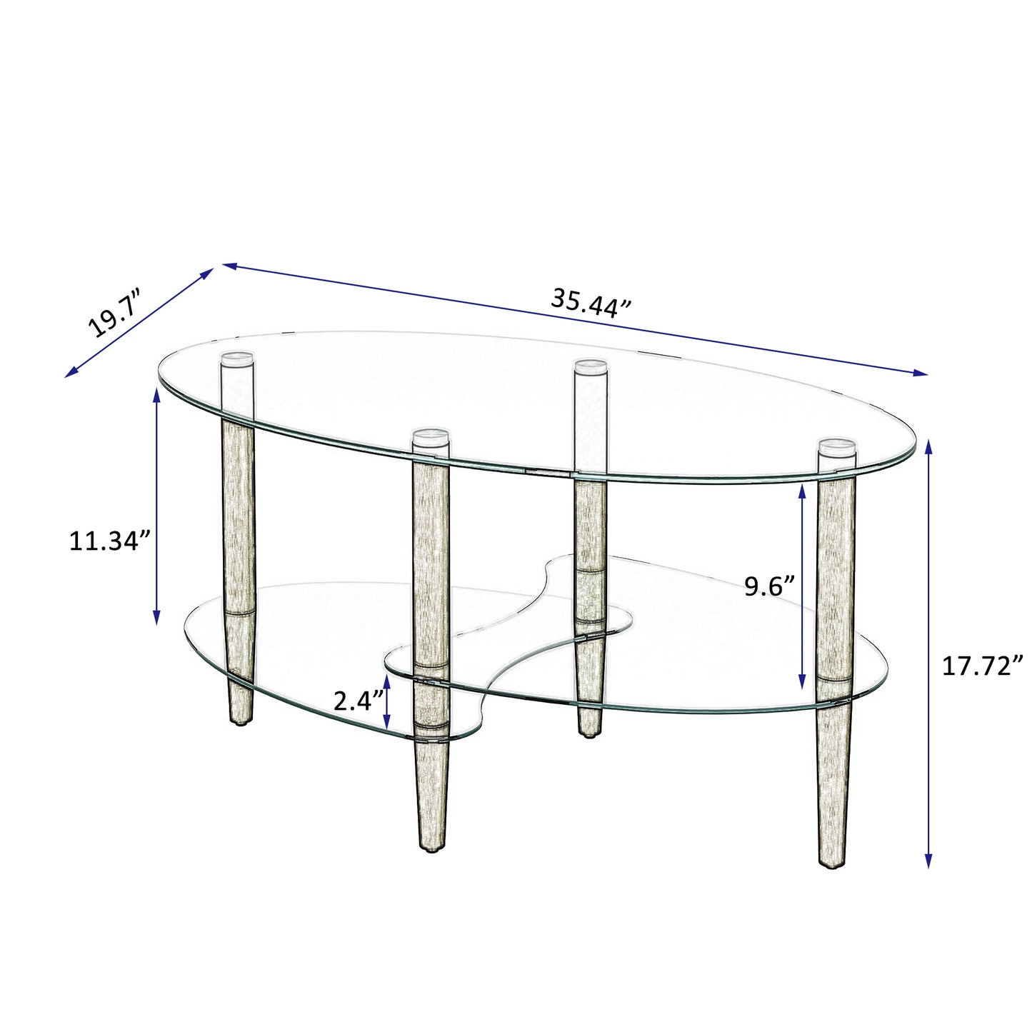 Transparent Oval glass coffee table, modern table in living room Oak wood leg tea table 3-layer  glass table