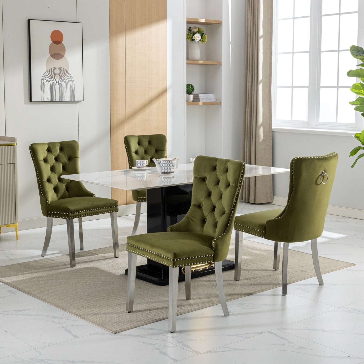 Nikki Collection Modern, High-end Tufted Solid Wood Contemporary Velvet Upholstered Dining Chair with Chrome Stainless Steel Plating Legs,Nailhead Trim,Set of 2,Olive-Green and Chrome, SW1701OL