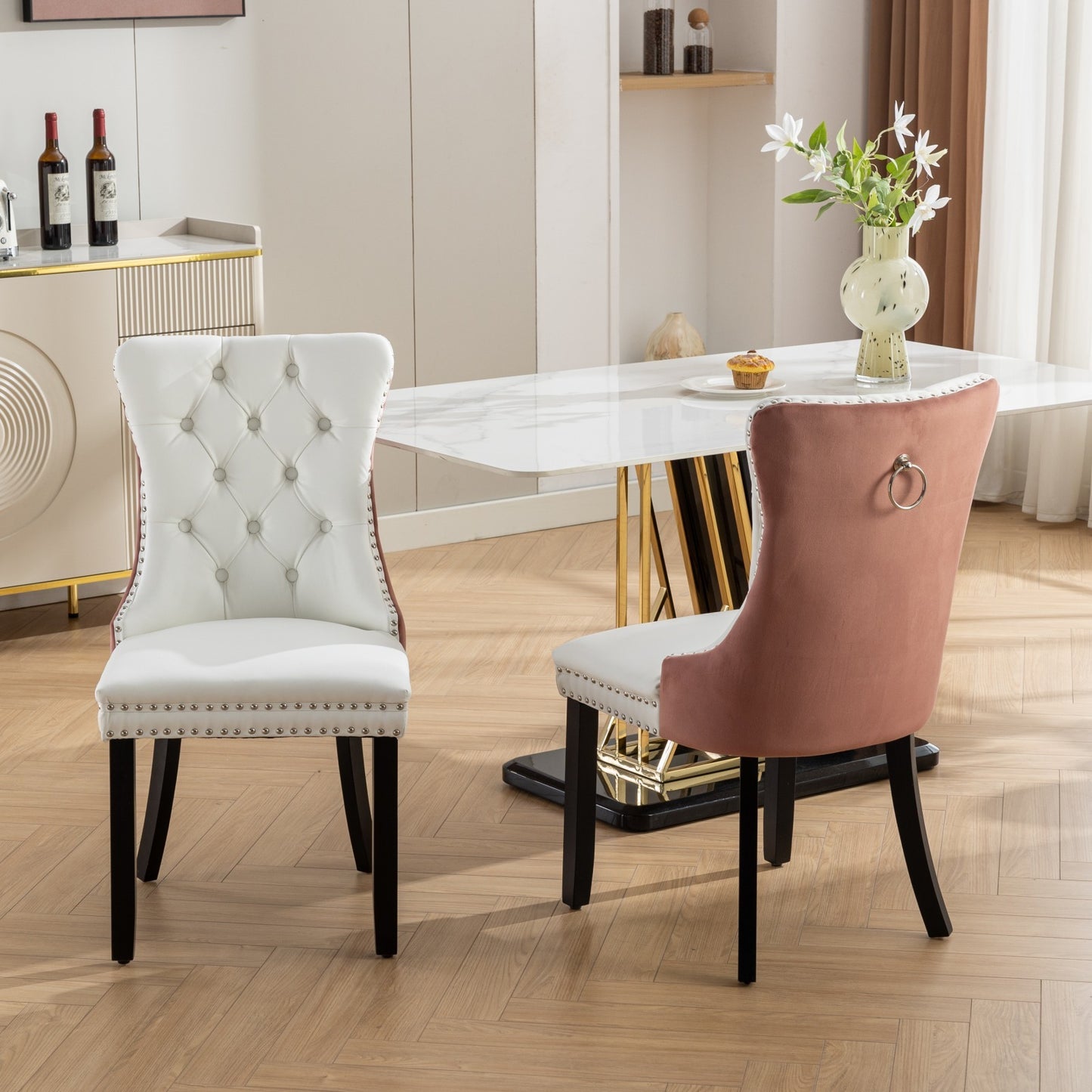 A&A Furniture, Nikki Collection Modern, High-end Tufted Solid Wood Contemporary PU and Velvet Upholstered Dining Chair with Wood Legs Nailhead Trim  2-Pcs Set, White+Pink, SW2101WP