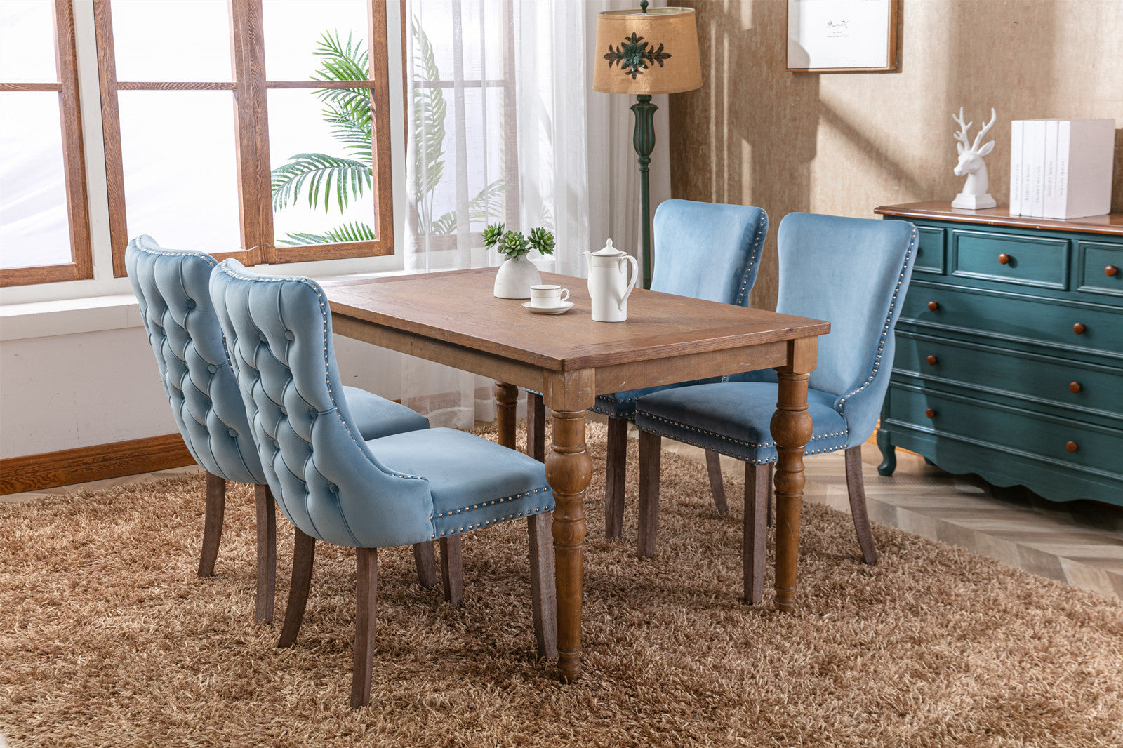 A&A Furniture,Upholstered Wing-Back Dining Chair with Backstitching Nailhead Trim and Solid Wood Legs,Set of 2, Light Blue,SW8809LB, KD