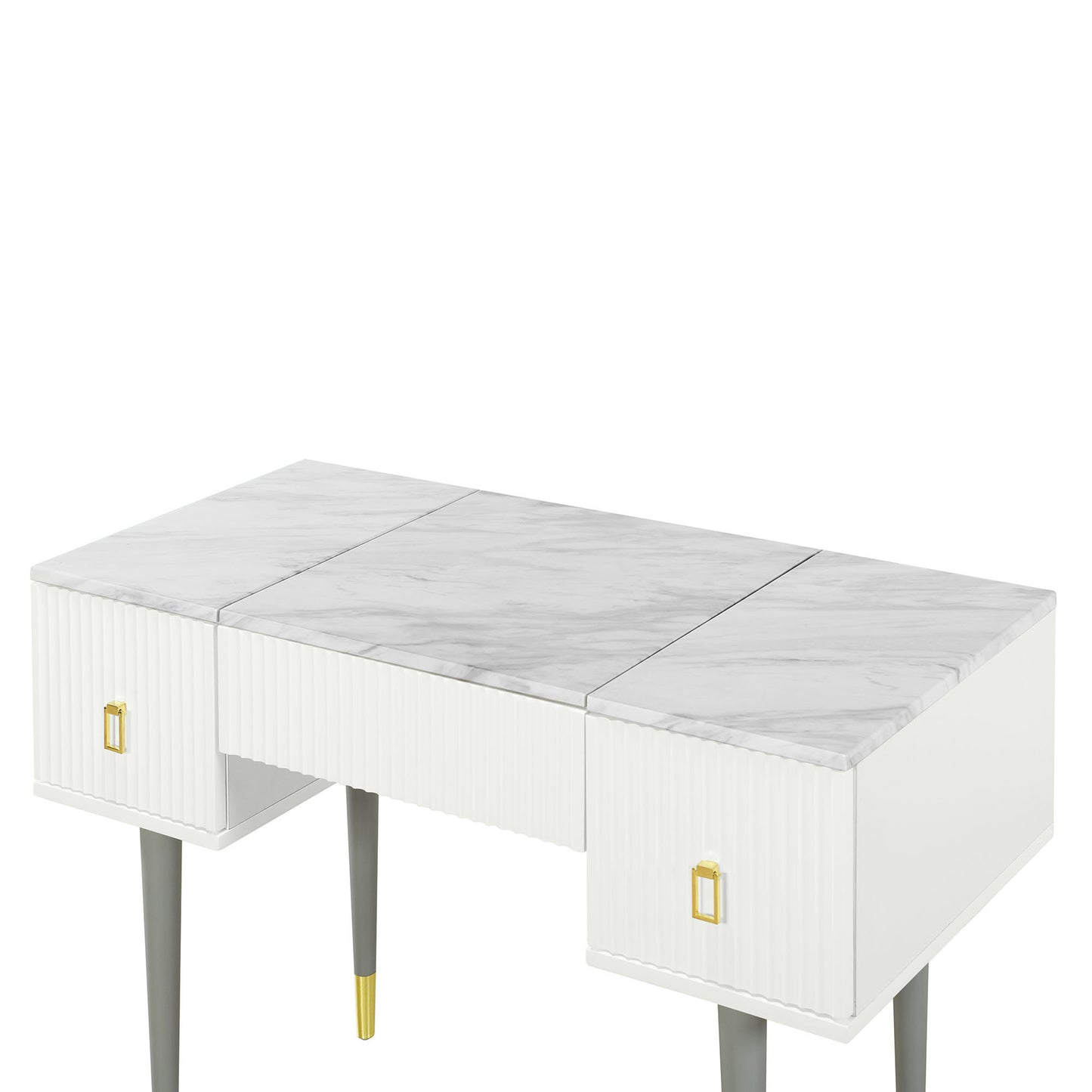 43.3" Modern Vanity Table Set with Flip-top Mirror and LED Light, Dressing Table with Customizable Storage, Marble-style Stickers Tabletop, White and Gray