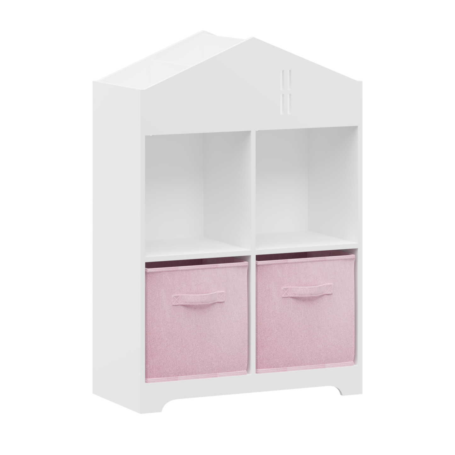 Kids Dollhouse Bookcase with Storage, 2-Tier Storage Display Organizer, Toddler Bookshelf with 2 Collapsible Fabric Drawers for Bedroom or Playroom (White/Pink)