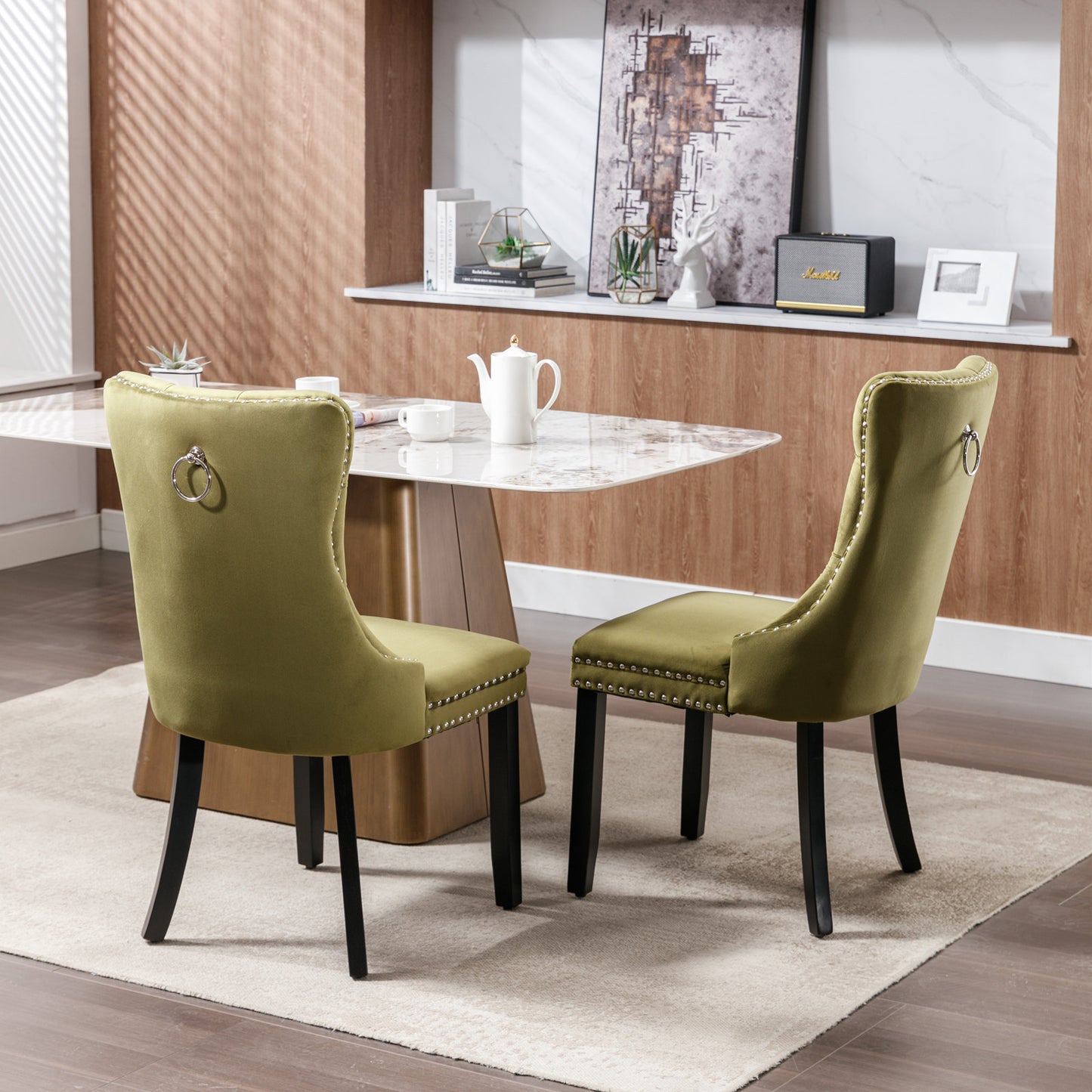 Nikki Collection Modern, High-end Tufted Solid Wood Contemporary Velvet Upholstered Dining Chair with Wood Legs Nailhead Trim 2-Pcs Set,Olive-Green,SW2001OL