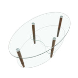 Transparent Oval glass coffee table, modern table in living room Oak wood leg tea table 3-layer  glass table