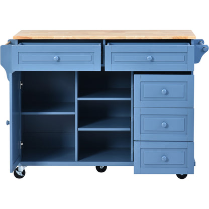 Kitchen cart with Rubber wood desktop rolling mobile kitchen island with storage and 5 draws 53 Inch length (Blue)