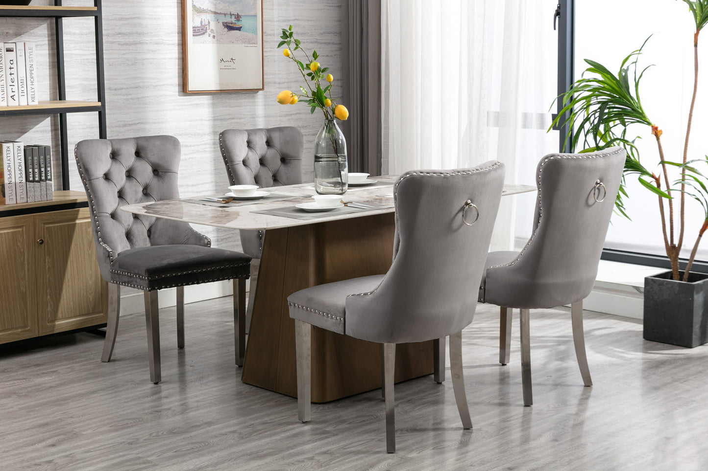 A&A Furniture,Nikki Collection Modern, High-end Tufted Solid Wood Contemporary Velvet Upholstered Dining Chair with Chrome Stainless Steel Plating Legs,Nailhead Trim,Set of 2,Gray and Chrome, SW1701GY