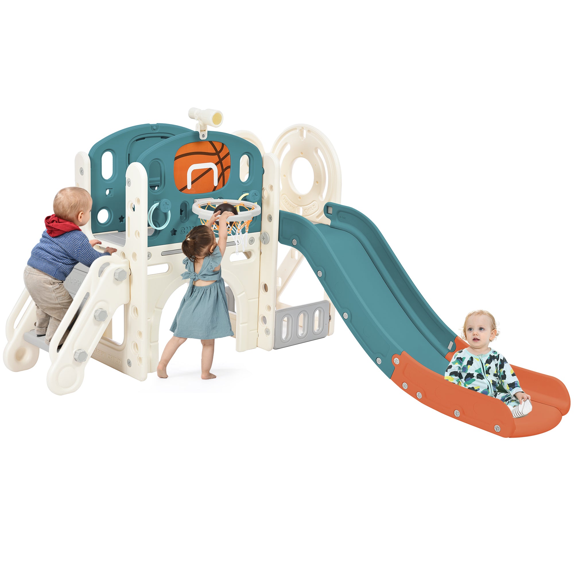 Kids Slide Playset Structure, Freestanding Castle Climbing Crawling Playhouse with Slide, Arch Tunnel, Ring Toss, and Basketball Hoop, Toy Storage Organizer for Toddlers, Kids Climbers Playground