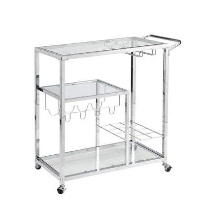 Contemporary Chrome Bar Serving Cart Silver Modern Glass Metal Frame Wine Storage