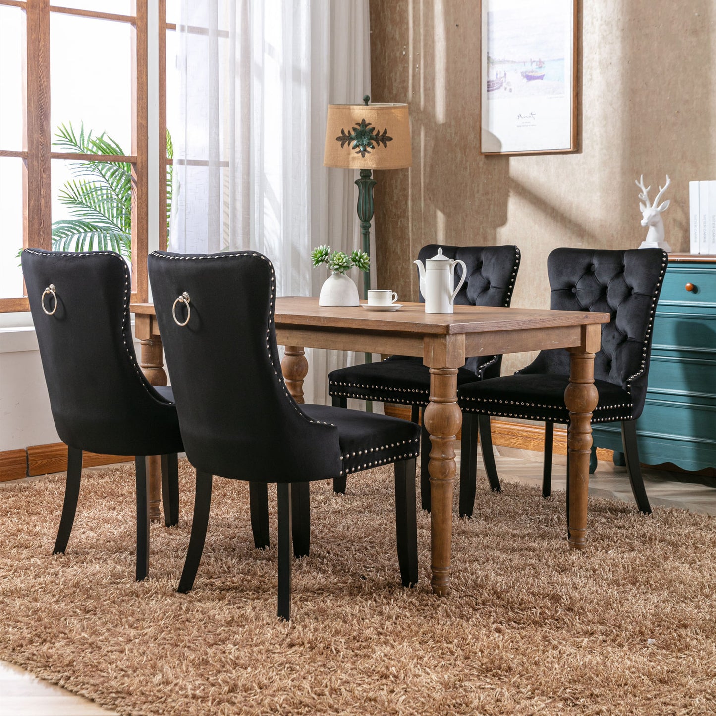 Nikki Collection Modern, High-end Tufted Solid Wood Contemporary Velvet Upholstered Dining Chair with Wood Legs Nailhead Trim 2-Pcs Set, Black, SW2001BK