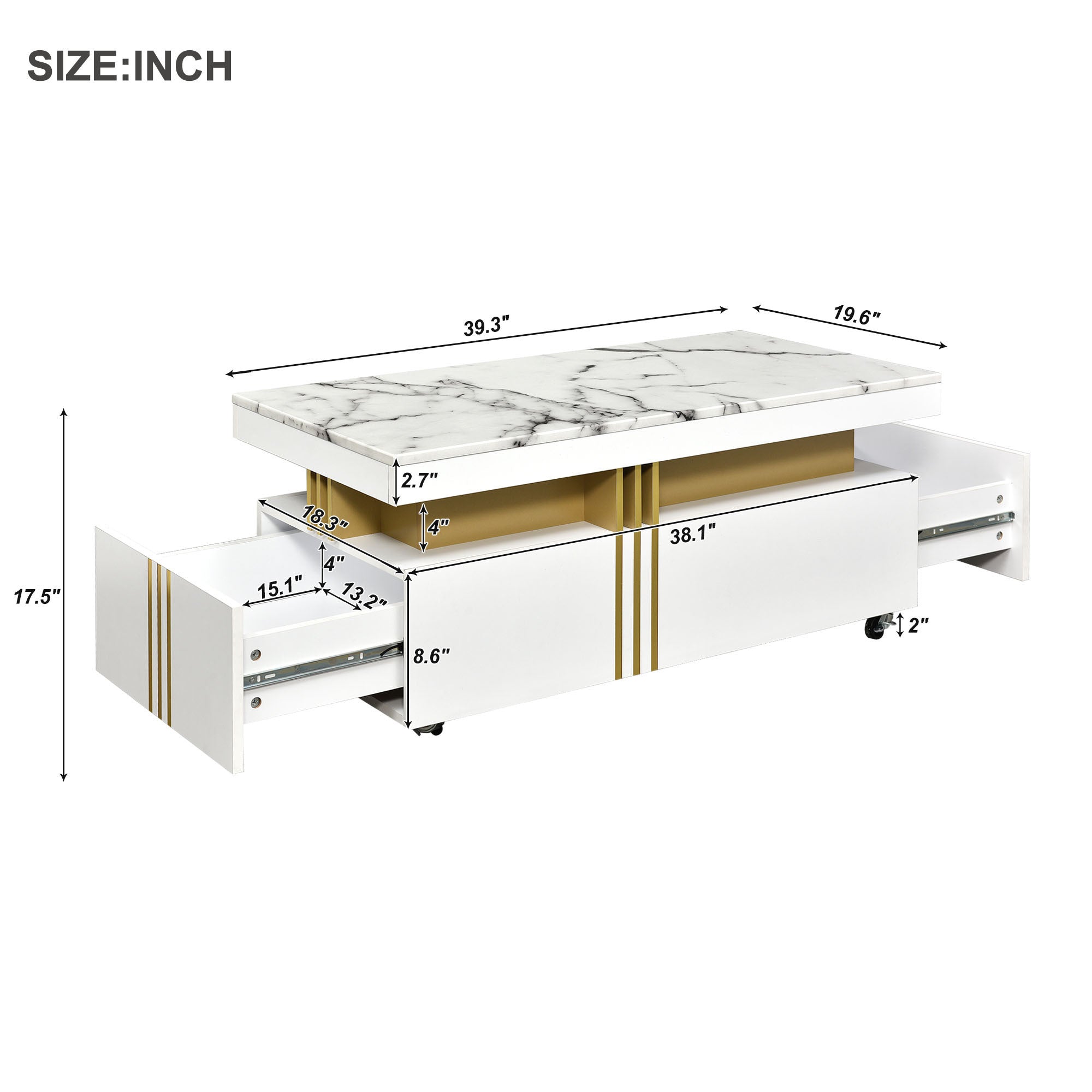 ON-TREND Contemporary Coffee Table with Faux Marble Top, Rectangle Cocktail Table with Caster Wheels, Moderate Luxury Center Table with Gold Metal Bars for Living Room, White