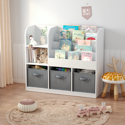 Kids Bookcase and Bookshelf, Multifunctional Bookcase with 3 Collapsible Fabric Drawers, Bookcase Display Stand, Toy Storage Organizer for Bedroom, Playroom, Hallway (White/Gray)