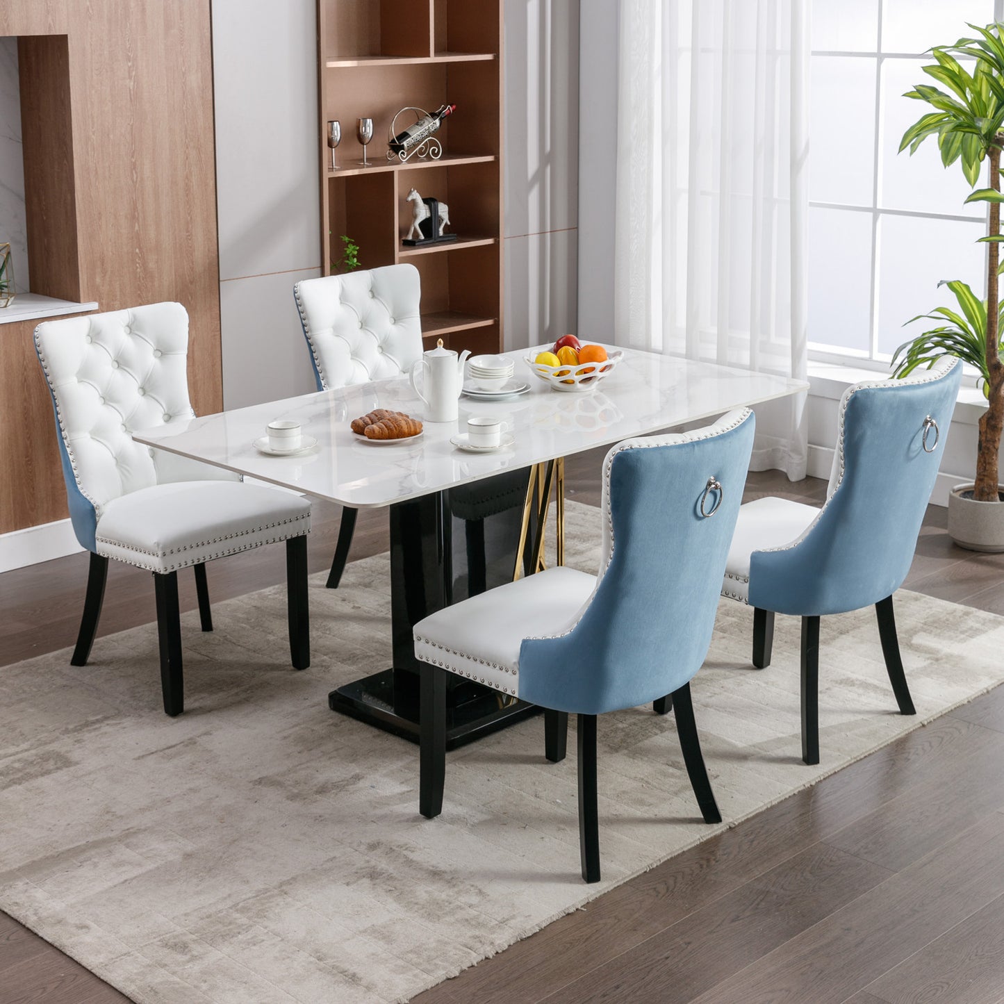 A&A Furniture,Nikki Collection Modern, High-end Tufted Solid Wood Contemporary PU and Velvet Upholstered Dining Chair with Wood Legs Nailhead Trim  2-Pcs Set, White+Light Blue, SW2101WL