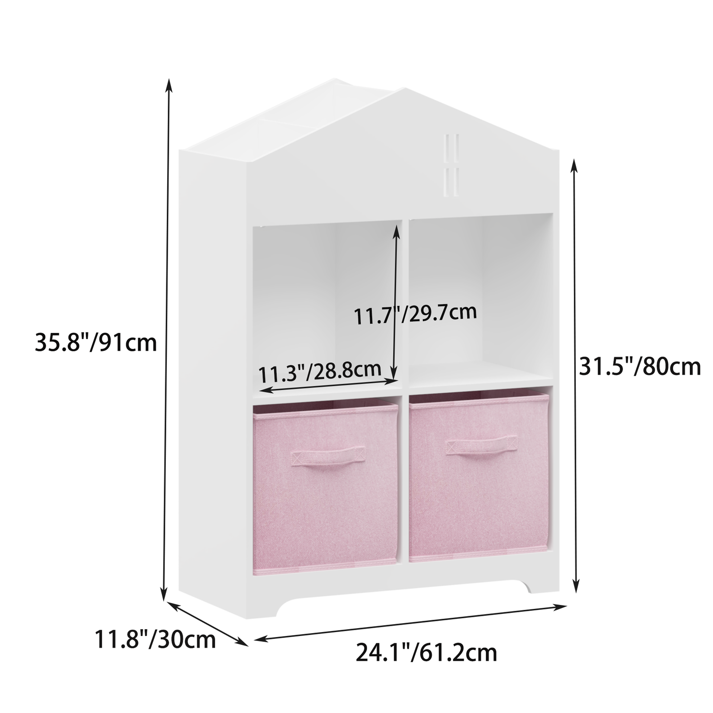 Kids Dollhouse Bookcase with Storage, 2-Tier Storage Display Organizer, Toddler Bookshelf with 2 Collapsible Fabric Drawers for Bedroom or Playroom (White/Pink)