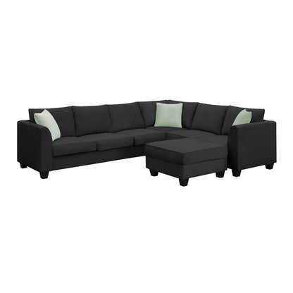 [VIDEO provided] 112*87" Sectional Sofa Couches Living Room Sets, 7 Seats Modular Sectional Sofa with Ottoman, L Shape Fabric Sofa Corner Couch Set with 3 Pillows, Black(New of GS008210AAB)