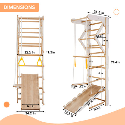 Wooden Climbing Toy Sets for Toddlers - Indoor Toy Gym Playset for Kids with Plate Swing Slide Rings, Wall Mounted Natural Wood Play Gym