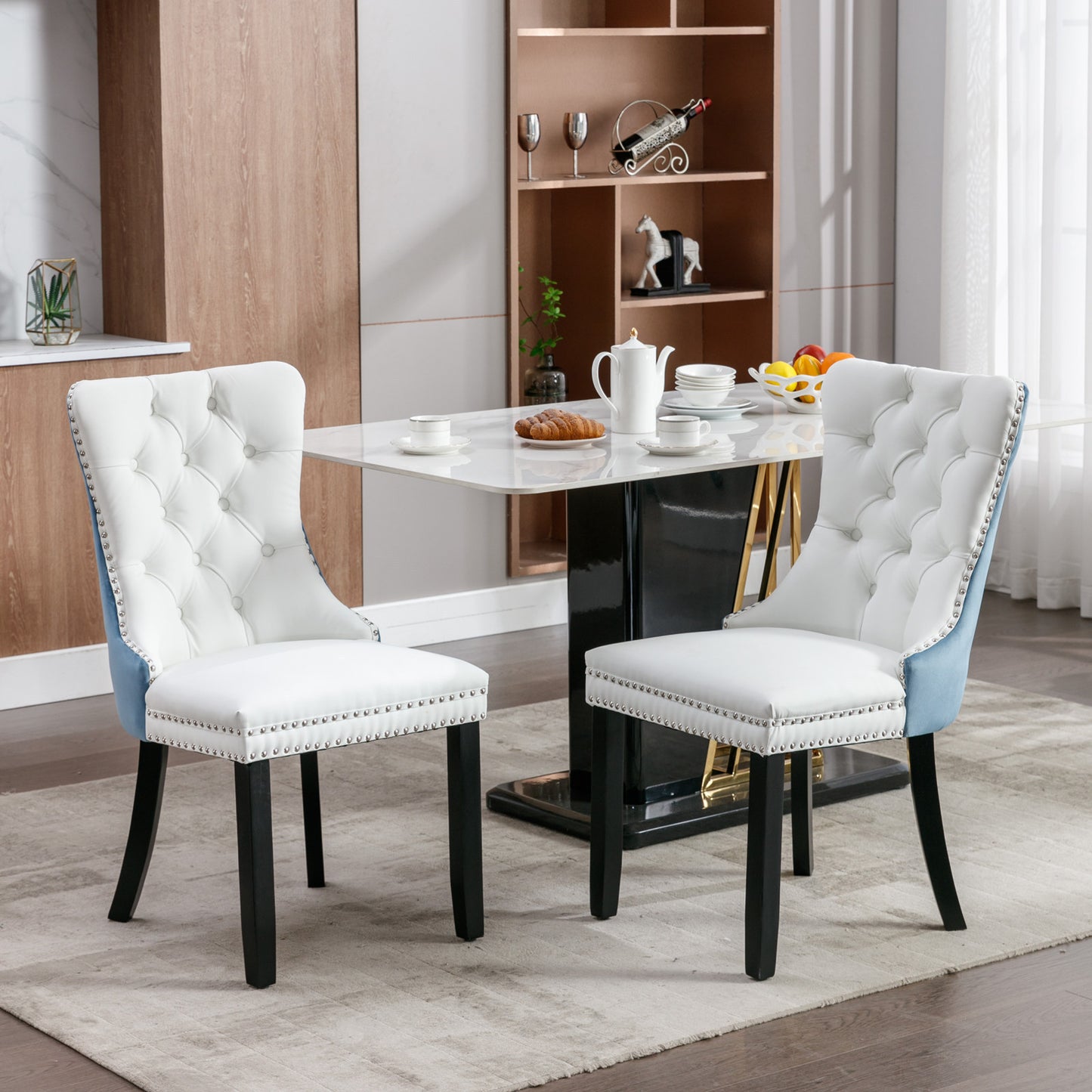 A&A Furniture,Nikki Collection Modern, High-end Tufted Solid Wood Contemporary PU and Velvet Upholstered Dining Chair with Wood Legs Nailhead Trim  2-Pcs Set, White+Light Blue, SW2101WL