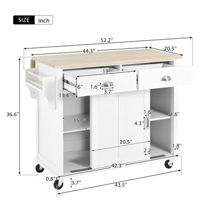 Kitchen Cart with Rubber wood Drop-Leaf Countertop, Concealed sliding barn door adjustable height,Kitchen Island on 4 Wheels with Storage Cabinet and 2 Drawers,L52.2xW30.5xH36.6 inch, White