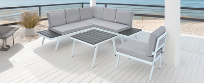 TOPMAX Industrial 5-Piece Aluminum Outdoor Patio Furniture Set, Modern Garden Sectional Sofa Set with End Tables, Coffee Table and Furniture Clips for Backyard, White+Grey