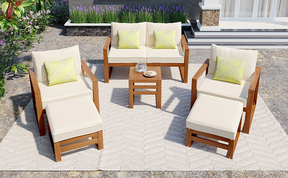 TOPMAX Outdoor Patio Wood 6-Piece Conversation Set, Sectional Garden Seating Groups Chat Set with Ottomans and Cushions for Backyard, Poolside, Balcony, Beige