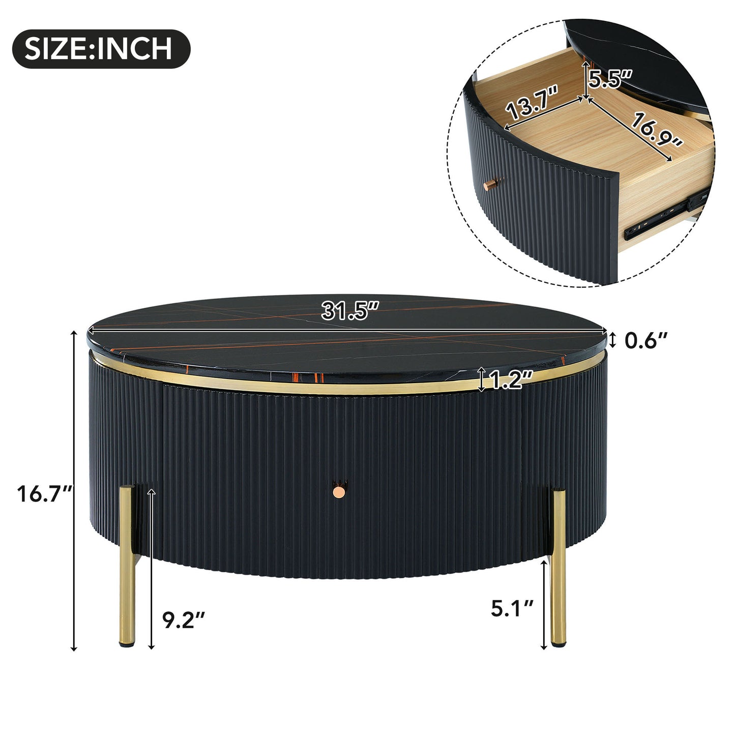 Modern Round Coffee Table with 2 large Drawers Storage Accent Table(31.5'')