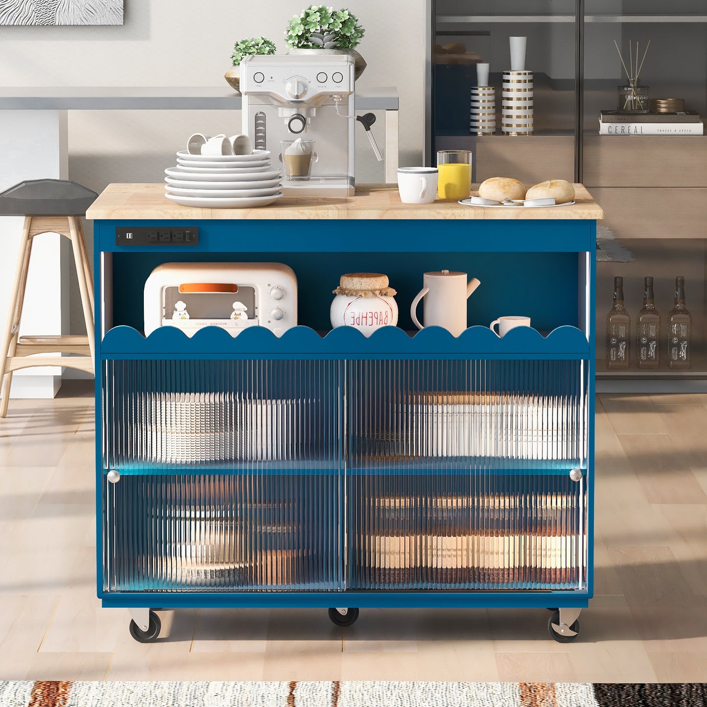 Kitchen Island with Drop Leaf, LED Light Kitchen Cart on Wheels with Power Outlets, 2 Sliding Fluted Glass Doors, Large Kitchen Island Cart with 2 Cabinet and 1 open Shelf (Navy Blue)