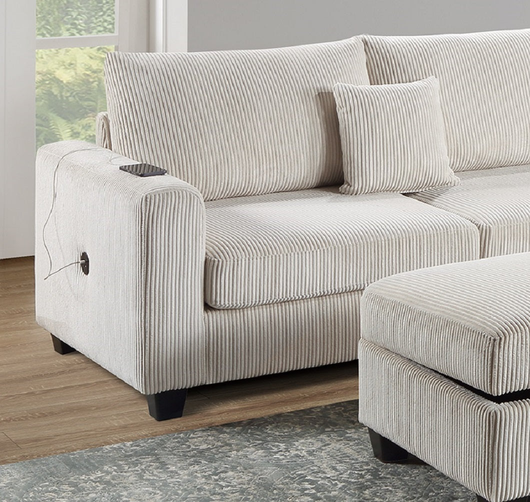 Ivory Color 3pc Sectional Set Corduroy Upholstered LAF Sofa RAF Chaise Ottoman L-Sectional Living Room Furniture