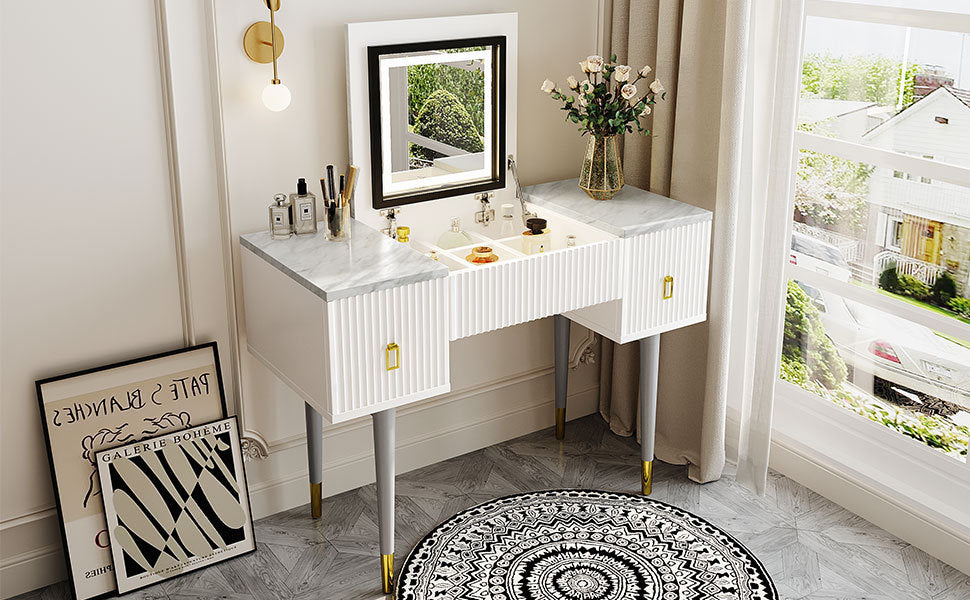 43.3" Modern Vanity Table Set with Flip-top Mirror and LED Light, Dressing Table with Customizable Storage, Marble-style Stickers Tabletop, White and Gray