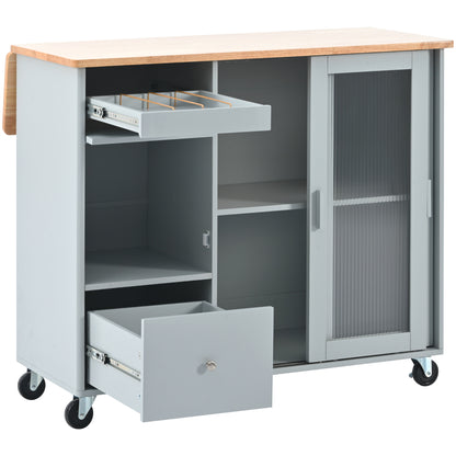 Kitchen Island with Drop Leaf, LED Light Kitchen Cart on Wheels with 2 Fluted Glass Doors and 1 Flip Cabinet Door, Large Kitchen Island Cart with an Adjustable Shelf and 2 Drawers (Grey Blue)