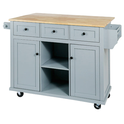 Kitchen Cart with Rubber wood Drop-Leaf Countertop ,Cabinet door internal storage racks,Kitchen Island on 5 Wheels with Storage Cabinet and 3 Drawers for Dinning Room, Grey Blue