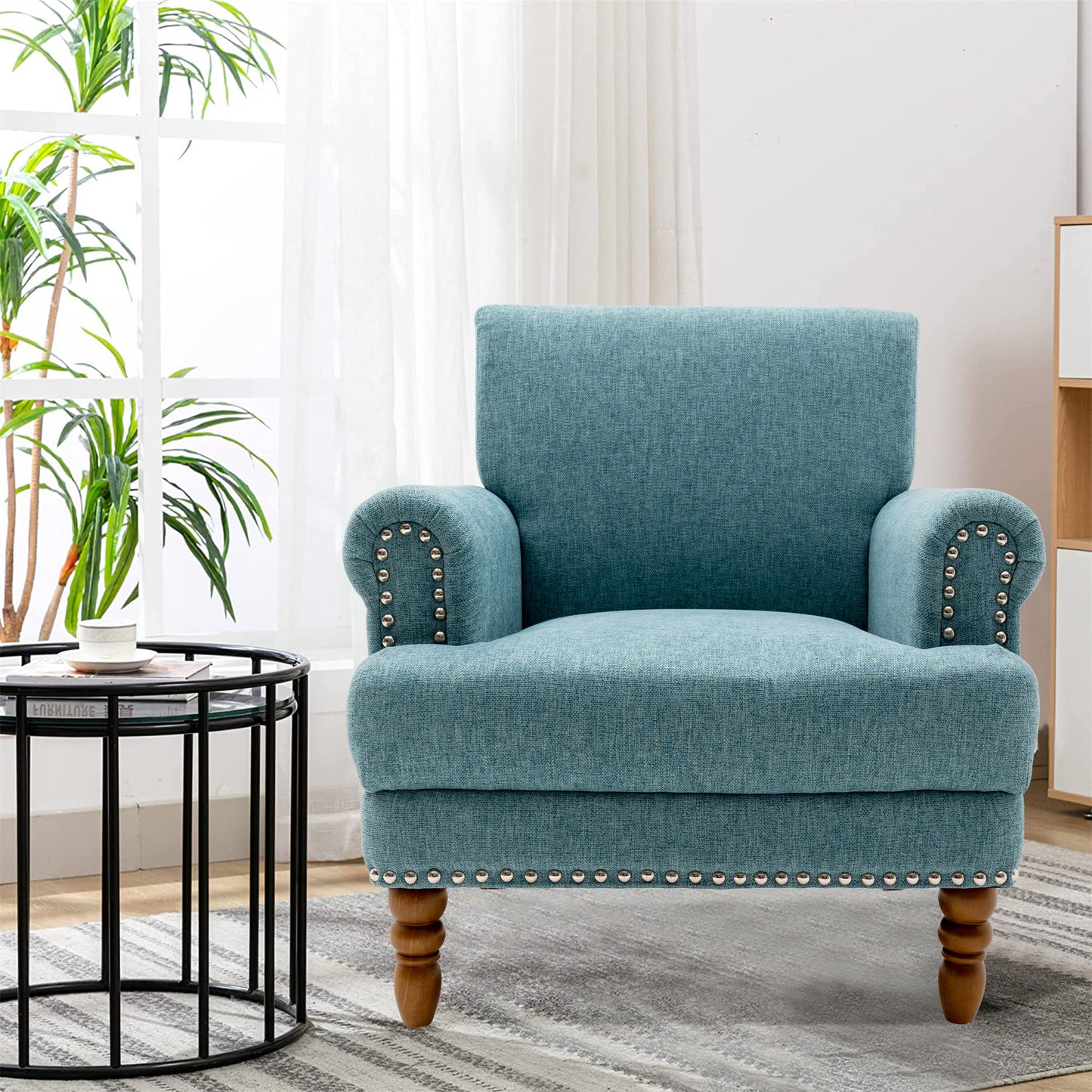 Cotton Accent Chair Mid-Century Modern Living Room Armchair with Nailhead Trim & Wood Legs Comfy Upholstered Single Sofa Chair for Lounge/Bedroom/Reception  Blue