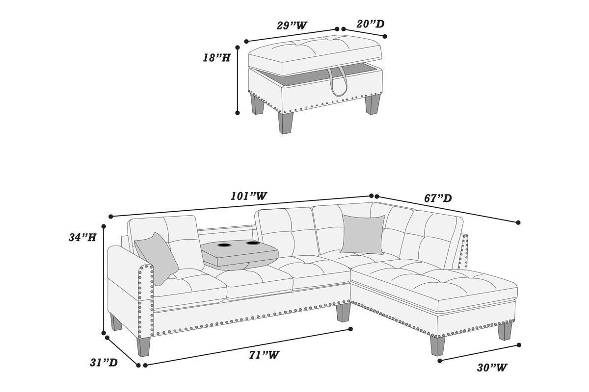 Living Room Furniture 3-PCS Sectional Sofa Set LAF Sofa RAF Chaise And Storage Ottoman Cup Holder Taupe Grey Color Linen-Like Fabric Couch