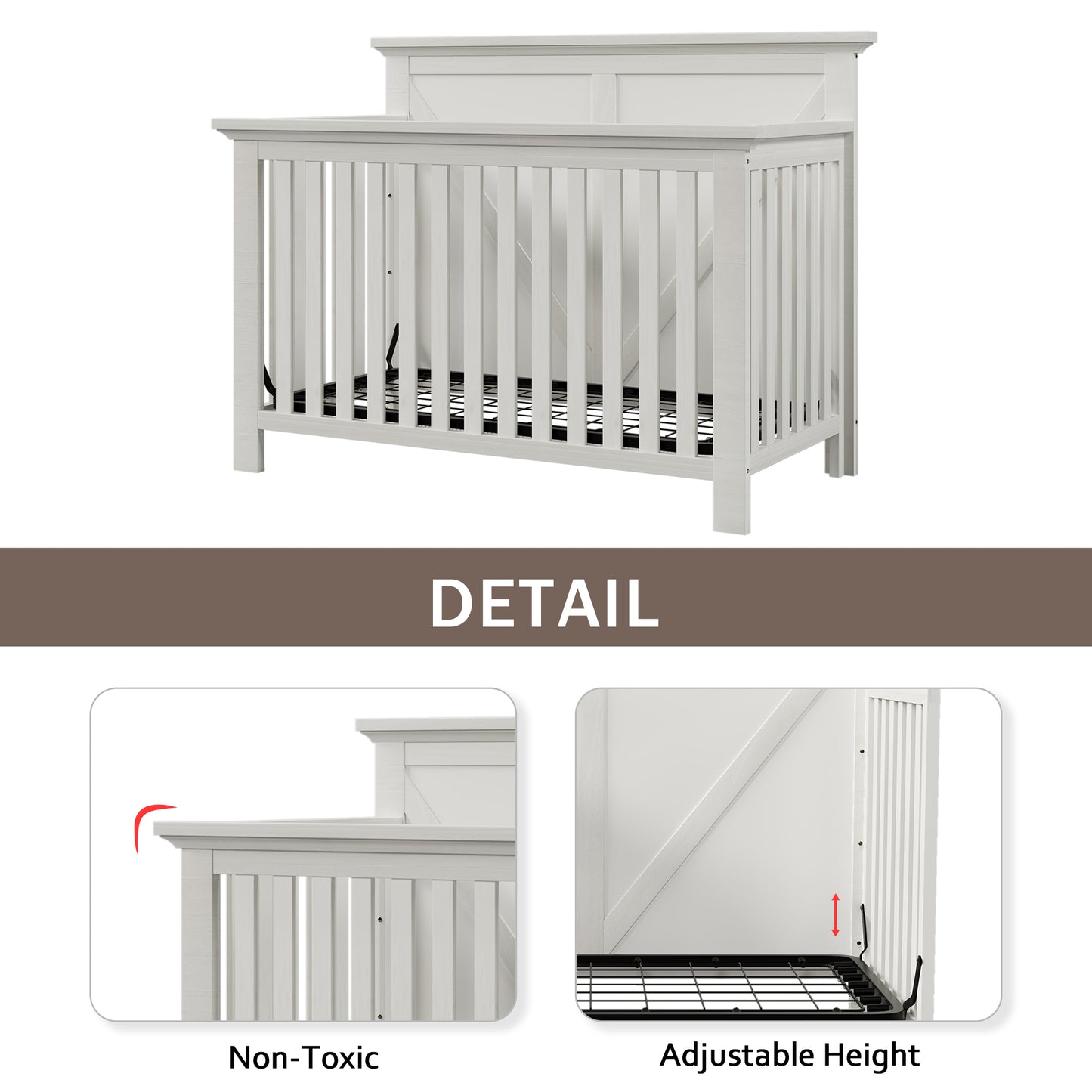 Rustic Farmhouse Style Whitewash 4-in-1 Convertible Baby Crib - Converts to Toddler Bed, Daybed and Full-Size Bed, White