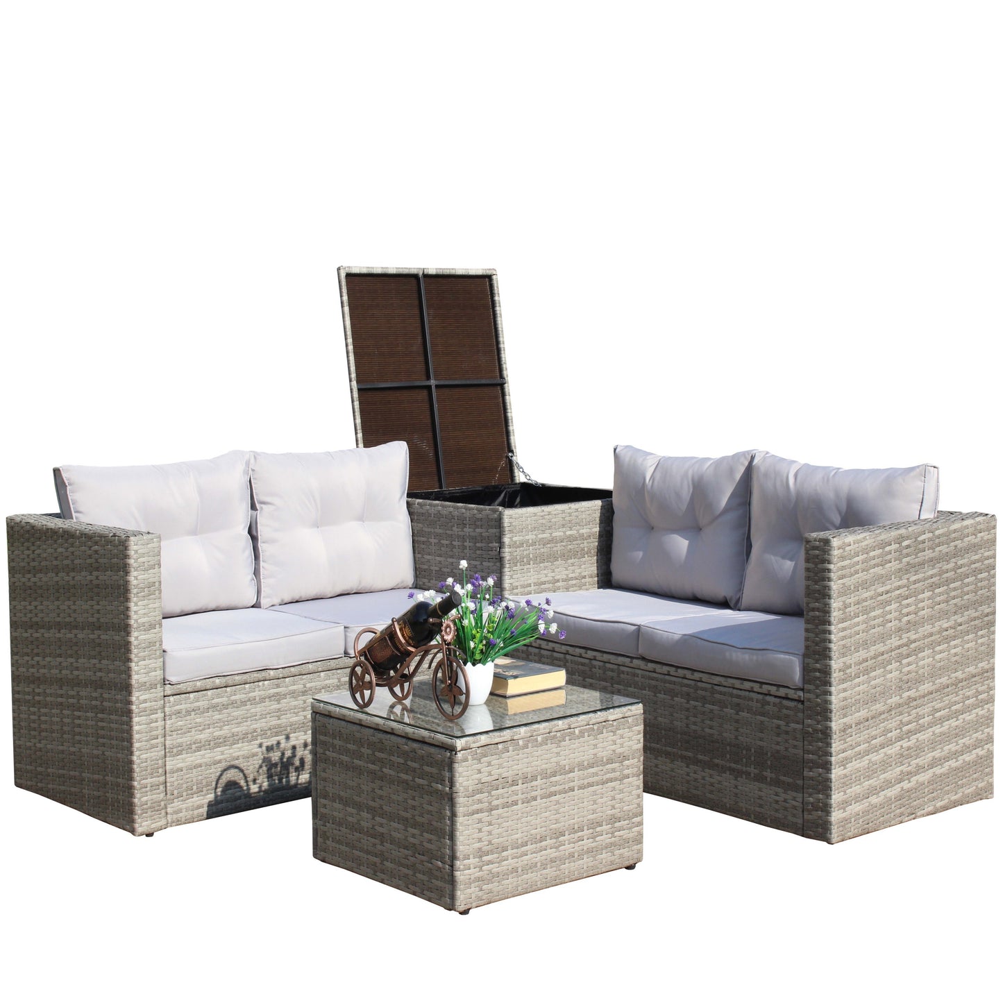 4 Piece Patio Sectional Wicker Rattan Outdoor Furniture Sofa Set with Storage Box Grey