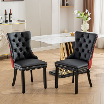 A&A Furniture, Nikki Collection Modern, High-end Tufted Solid Wood Contemporary PU and Velvet Upholstered Dining Chair with Wood Legs Nailhead Trim  2-Pcs Set, Black+WineRed, Burgundy,SW2101BW