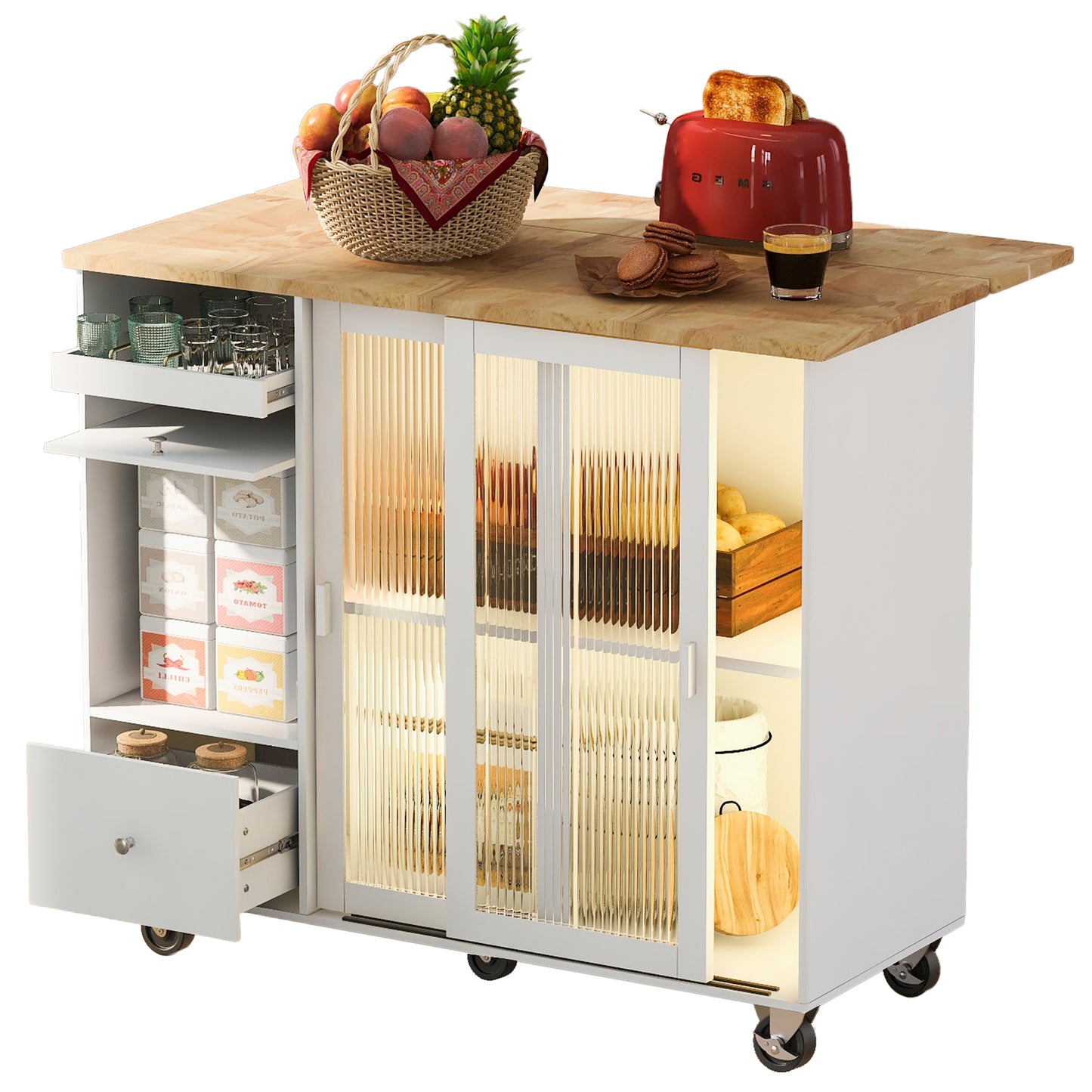 Kitchen Island with Drop Leaf, LED Light Kitchen Cart on Wheels with 2 Fluted Glass Doors and 1 Flip Cabinet Door, Large Kitchen Island Cart with an Adjustable Shelf and 2 Drawers (White)