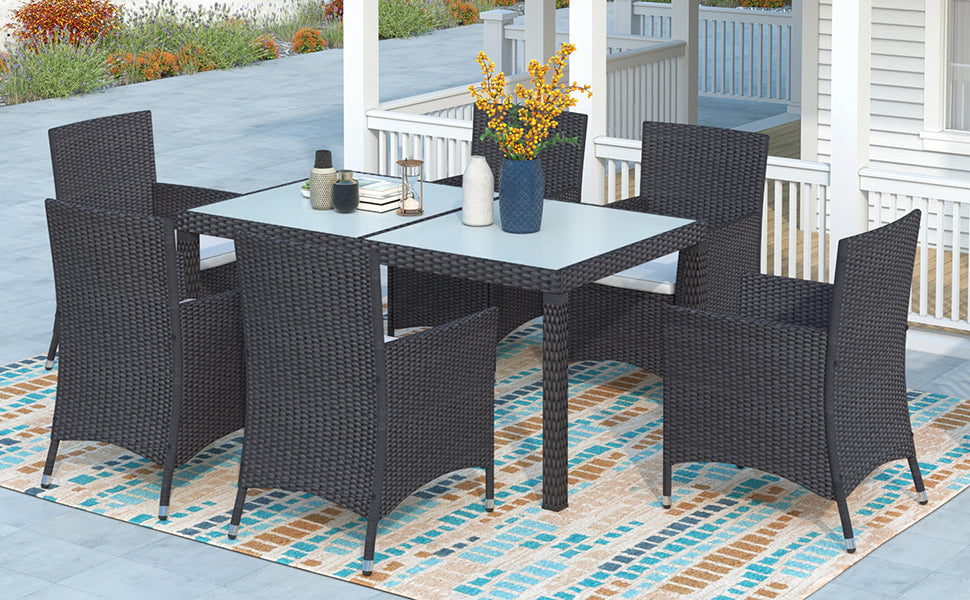 TOPMAX 7-piece Outdoor Wicker Dining set - Dining table set for 7 - Patio Rattan Furniture Set with Beige Cushion (Black)