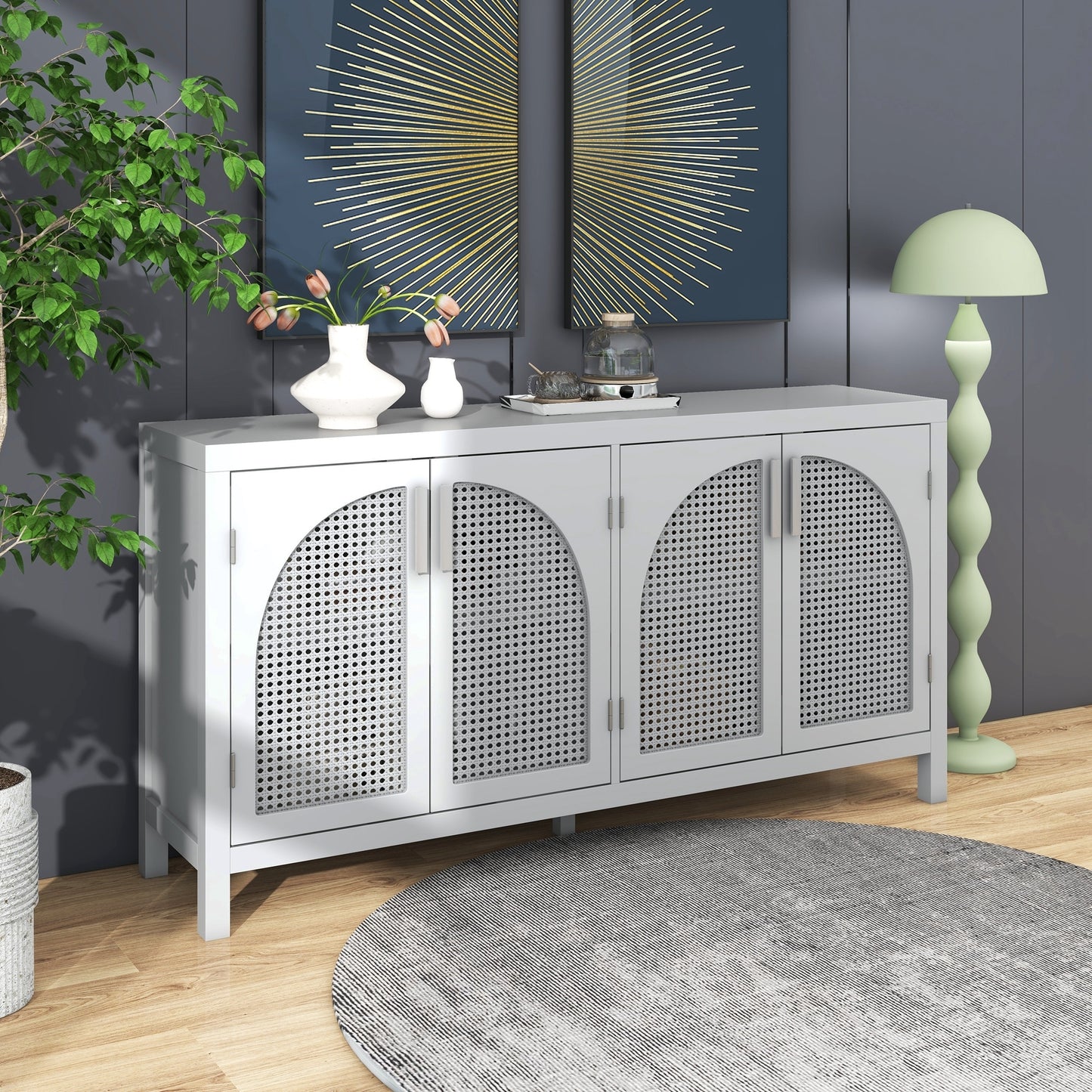 TREXM Large Storage Space Sideboard with Artificial Rattan Door and Metal Handles for Living Room and Entryway (Gray)