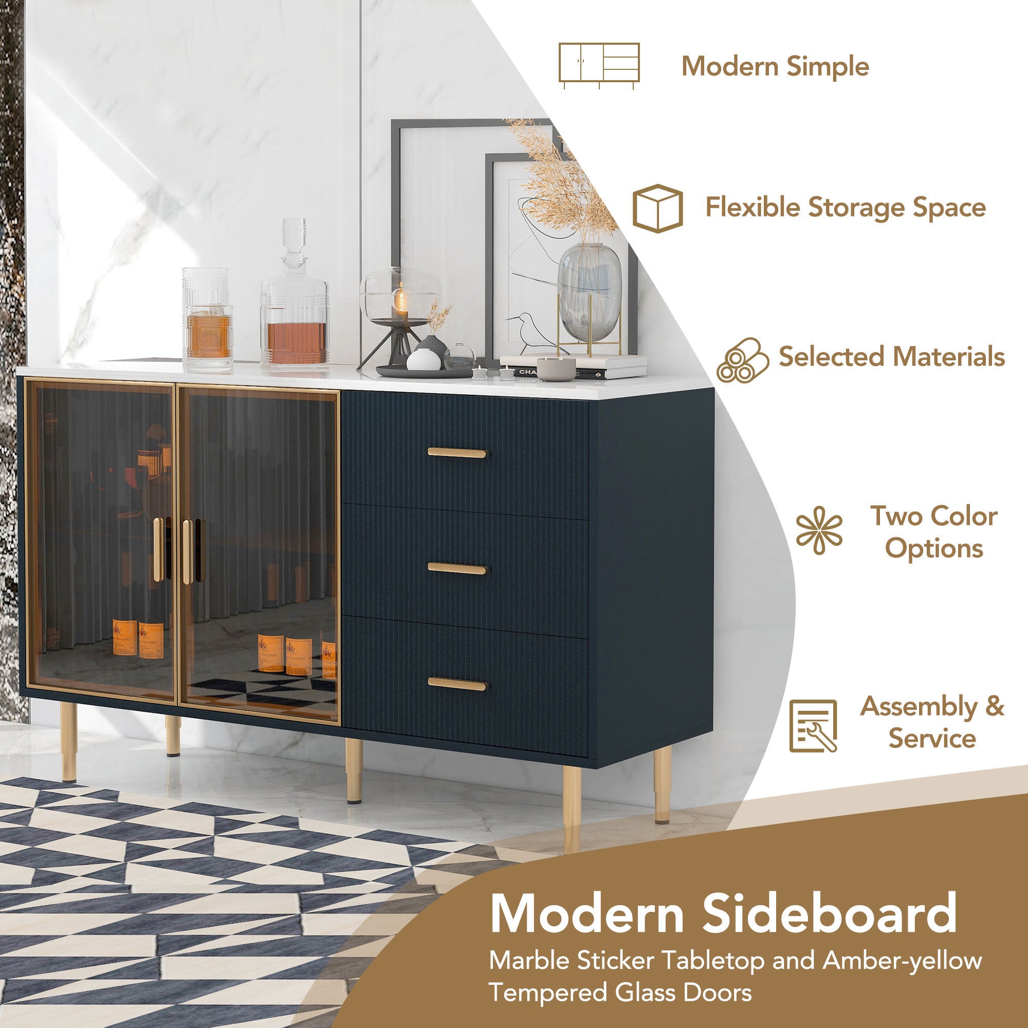 TREXM Modern Sideboard MDF Buffet Cabinet Marble Sticker Tabletop and Amber-yellow Tempered Glass Doors with Gold Metal Legs & Handles (Navy Blue)