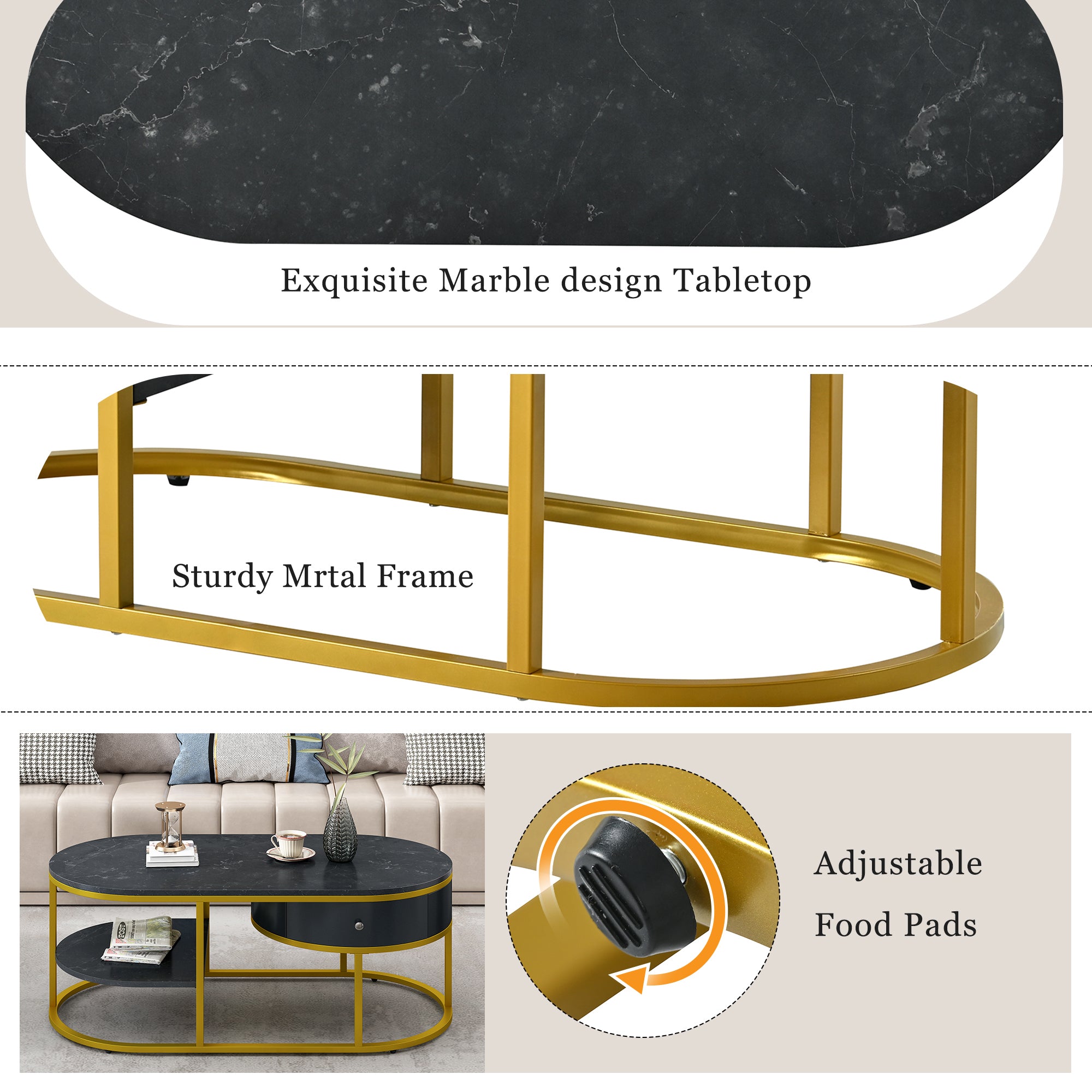 U-Can Modern Marble Golden Coffee Table, Metal Frame, with Drawers & Shelves Storage for Living Room