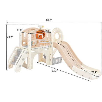 Kids Slide Playset Structure, Freestanding Castle Climbing Crawling Playhouse with Slide, Arch Tunnel, Ring Toss, and Basketball Hoop, Toy Storage Organizer for Toddlers, Kids Climbers Playground