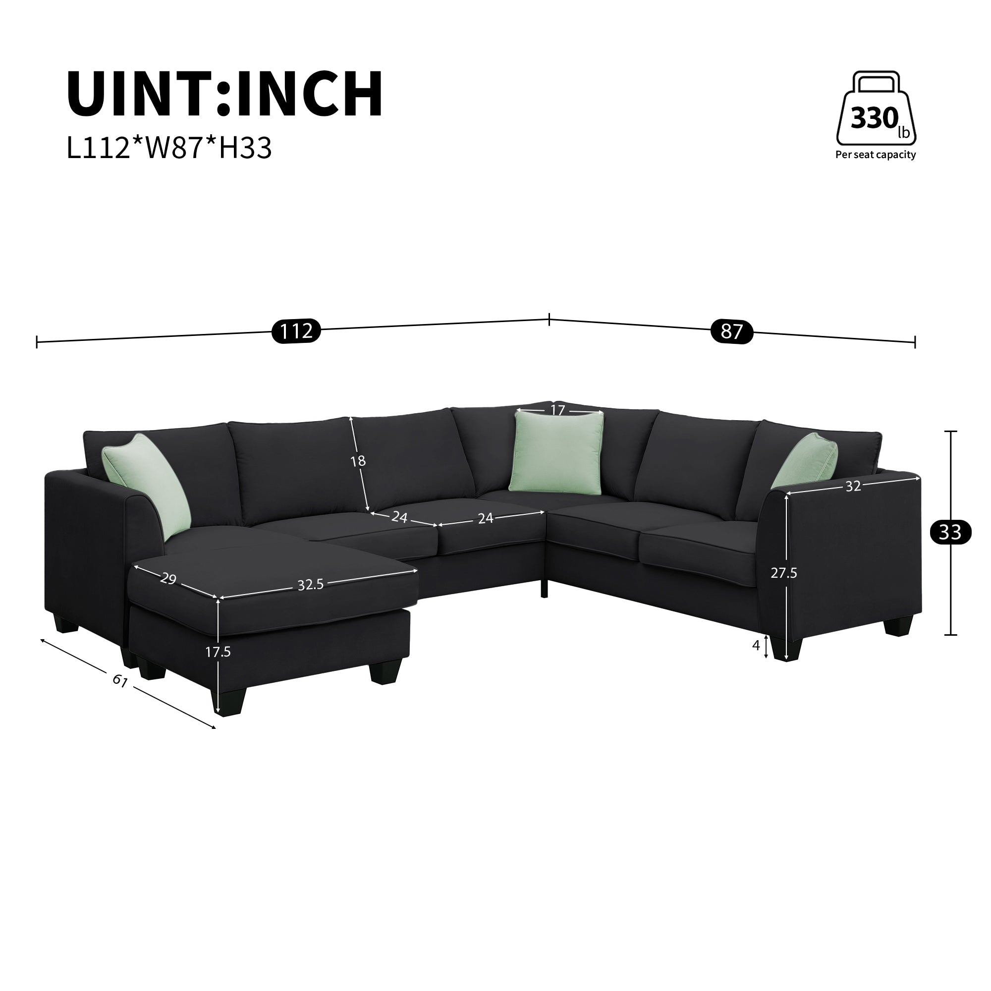 [VIDEO provided] 112*87" Sectional Sofa Couches Living Room Sets, 7 Seats Modular Sectional Sofa with Ottoman, L Shape Fabric Sofa Corner Couch Set with 3 Pillows, Black(New of GS008210AAB)