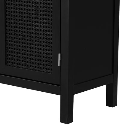 TREXM Large Storage Space Sideboard with Artificial Rattan Door and Metal Handles for Living Room and Entryway (Black)